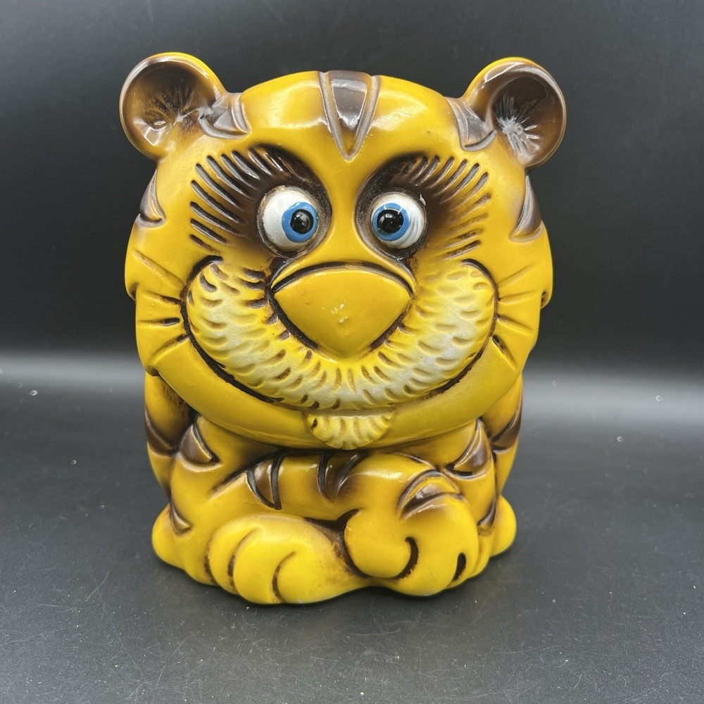 Fierce Blue Eyed Tiger Piggy‎ Bank WALES Ceramic Made in Japan Vintage MCM 6"
